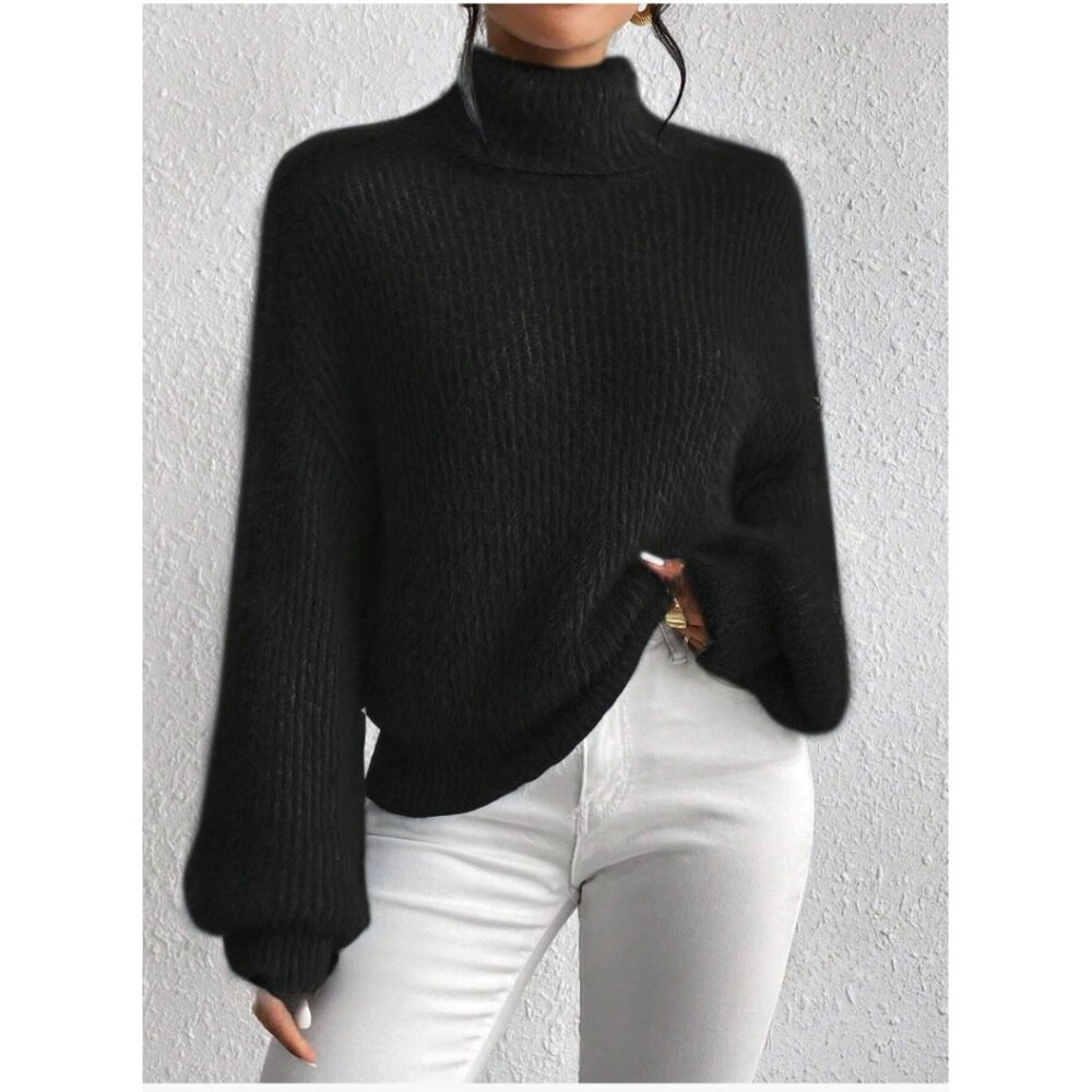 LAST ONE 🔥 Black Fuzzy Turtleneck Drop Shoulder Sweater Pullover